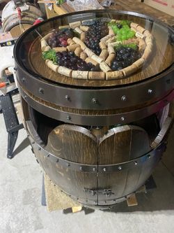 Custom Oak Wine Barrel Table/Storage And Dual Lazy Susan Shelves