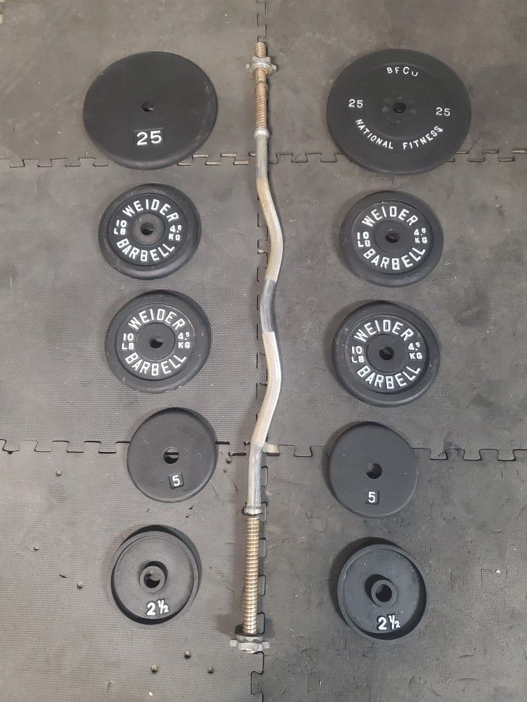 Standard Curl Weight Set Solid 18lb Curl Bar 2x25lbs 4x10lbs 2x5lbs 2x2 ½lbs That's 123lbs With Bar