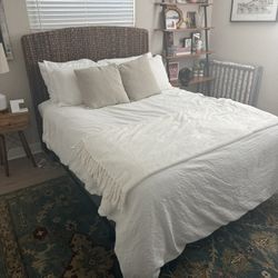 Queen Bed, Box Spring, Pottery Barn Headboard And Metal Frame