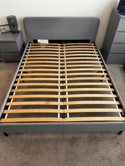IKEA Gray Bedroom Set – Queen Bed Frame, Nightstand & 4-Drawer Chest