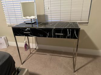 Black Glass Marble Pattern Vanity Table with Drawers and Chrome Frame