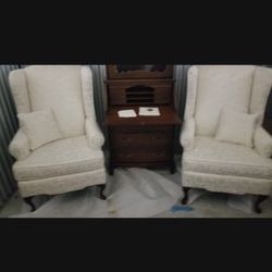 2 Off White, Pristine, Hi-Back Silk Armchairs (Sold As Pair: $175 Total)