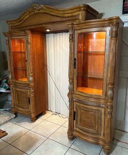 Glass Cabinets With Glass Shelves & Lights- Solid Wood- Good Condition