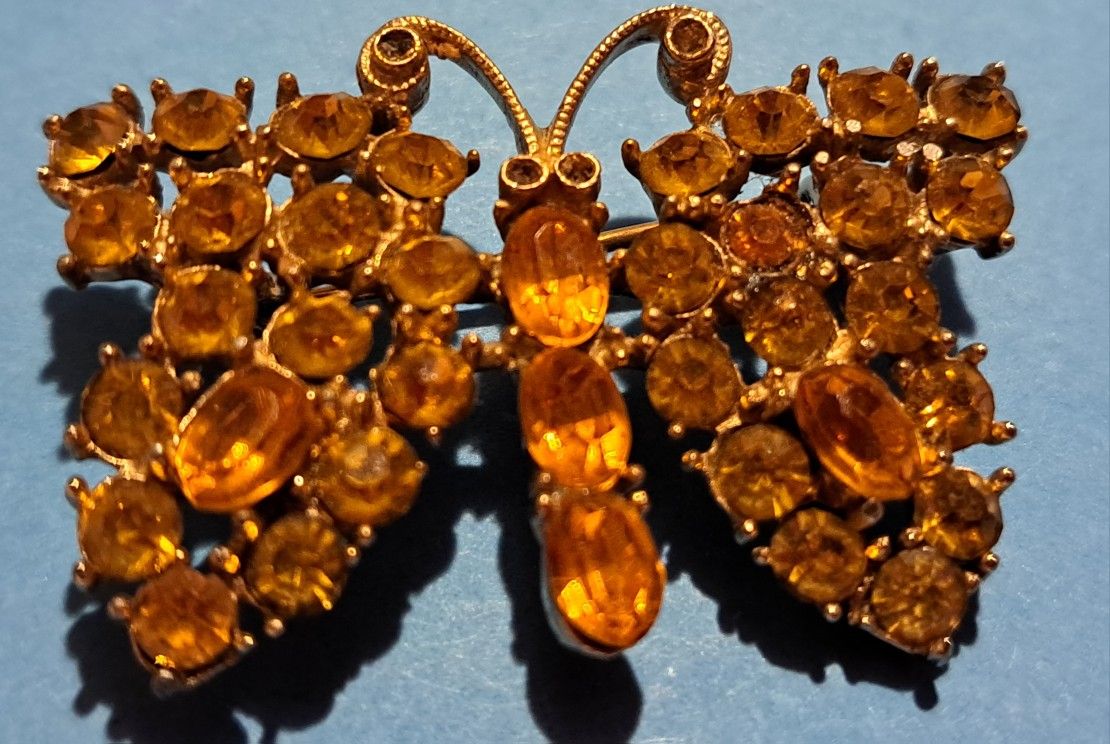 Antique Yellow And Amber Stones, Butterfly Pin