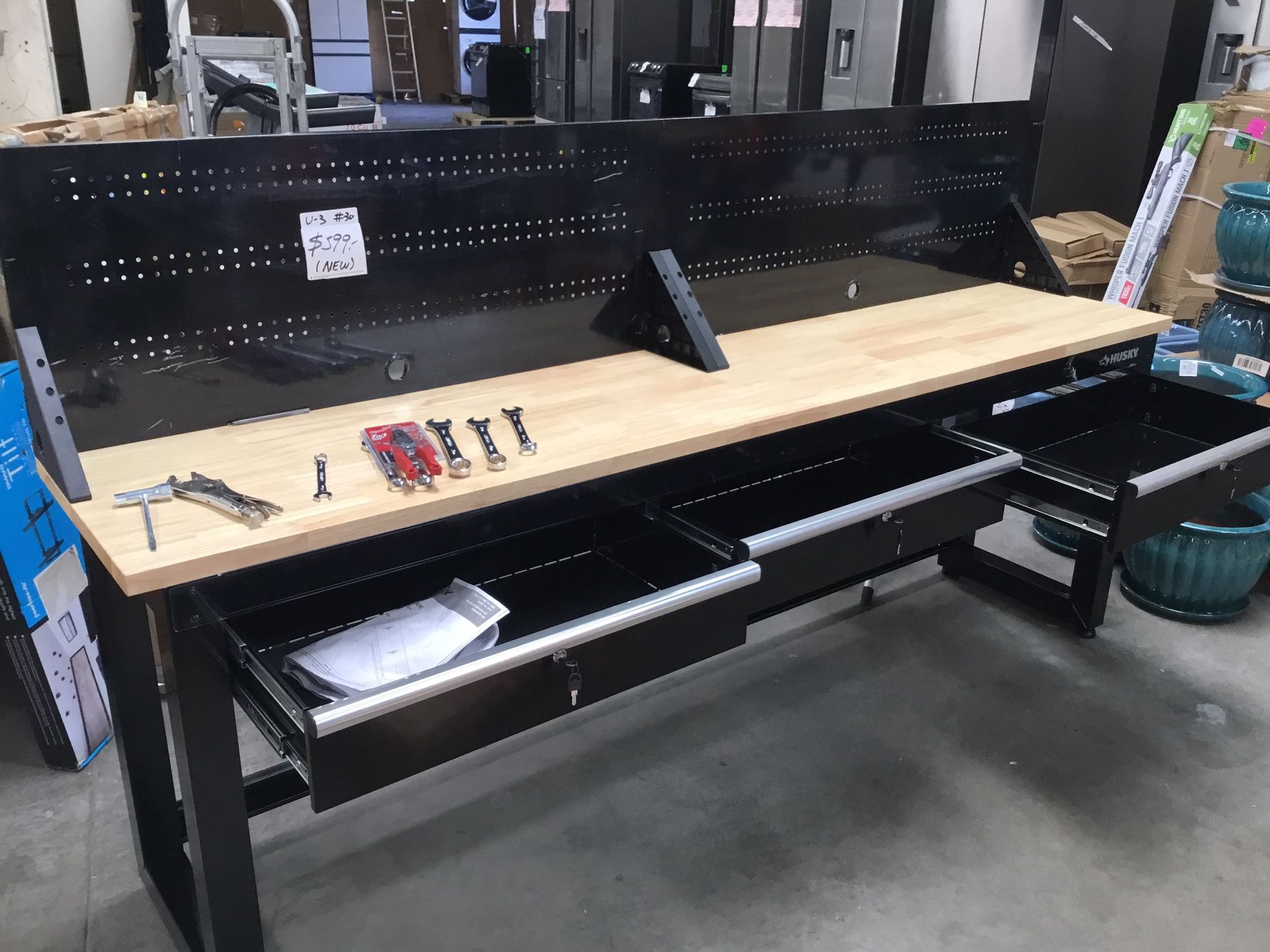 Husky Ready To Assemble 8 ft. Solid Wood Top Workbench in Black with Pegboard and 3 Drawers for Sale in Los Angeles CA OfferUp