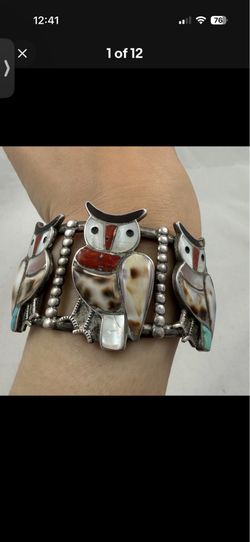 Large Zuni Inlay Owl Native American Bird Cuff Bracelet Sterling Silver 41.1 Gr
