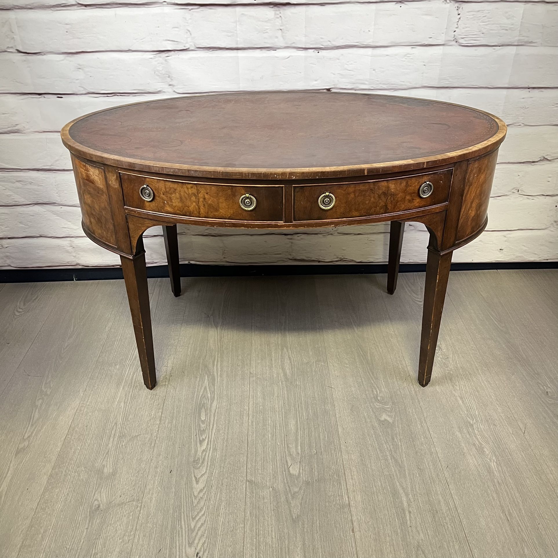 Antique Wood Oval Baker Table Desk Leather Top