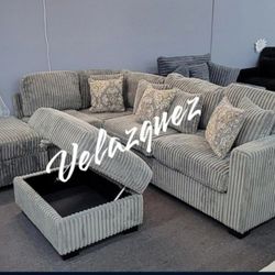 ✅️✅️3 pc smoke grey wide welt corduroy fabric sectional sofa with USB plugs square arms with chaise and storage ottoman✅️✅️
