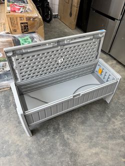 Dove Gray Plastic Outdoor Bench with Storage, banca de patio