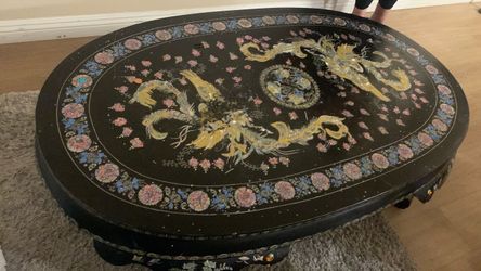 Korean  Black Lacquer Oval Coffee Table with Dragon Inlay