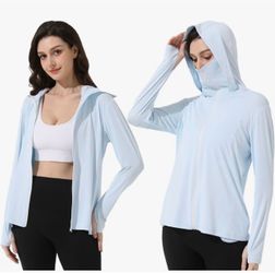 Women's UPF 50+ Sun Protection Jacket Spf UV Clothing With zipped pockets,Mask style sunscreen stand collar,Sleeve cuffs with thumbholes