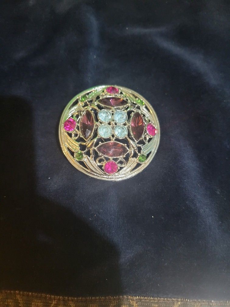 Silver Round Brooch With Rhinestones