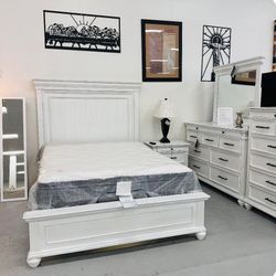 Ashley Collection White Bedroom Set | Queen/King Size Bed Frame, Mirror, Dresser 