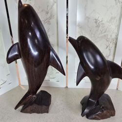 Pair of Vintage Hand Carved Ironwood Dolphins