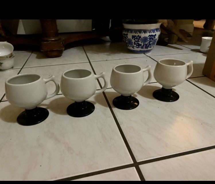 Vintage  Hull Coffee Cups, crystal candlesticks