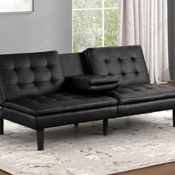 Brand New Black Leather Futon Sofa Sleeper 