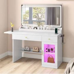 Vanity Desk with Large Mirror and Lights, 39.4" Glass Top Makeup Vanity with RGB Cabinet Drawers Power Outlet 3 Color Light Modes Brightness Adjustabl