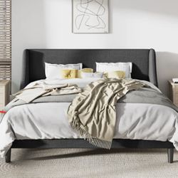 Grey Upholstered Wingback Platform Bed KING