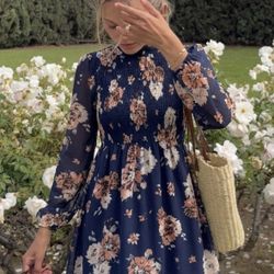 AS U WISH NAVY FLORAL SMOCKED MINI DRESS 