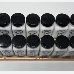 COMPLETE Griffith Milk Glass Black Spice Jar Set, 16 Jars w/ Metal Lids and Rack 