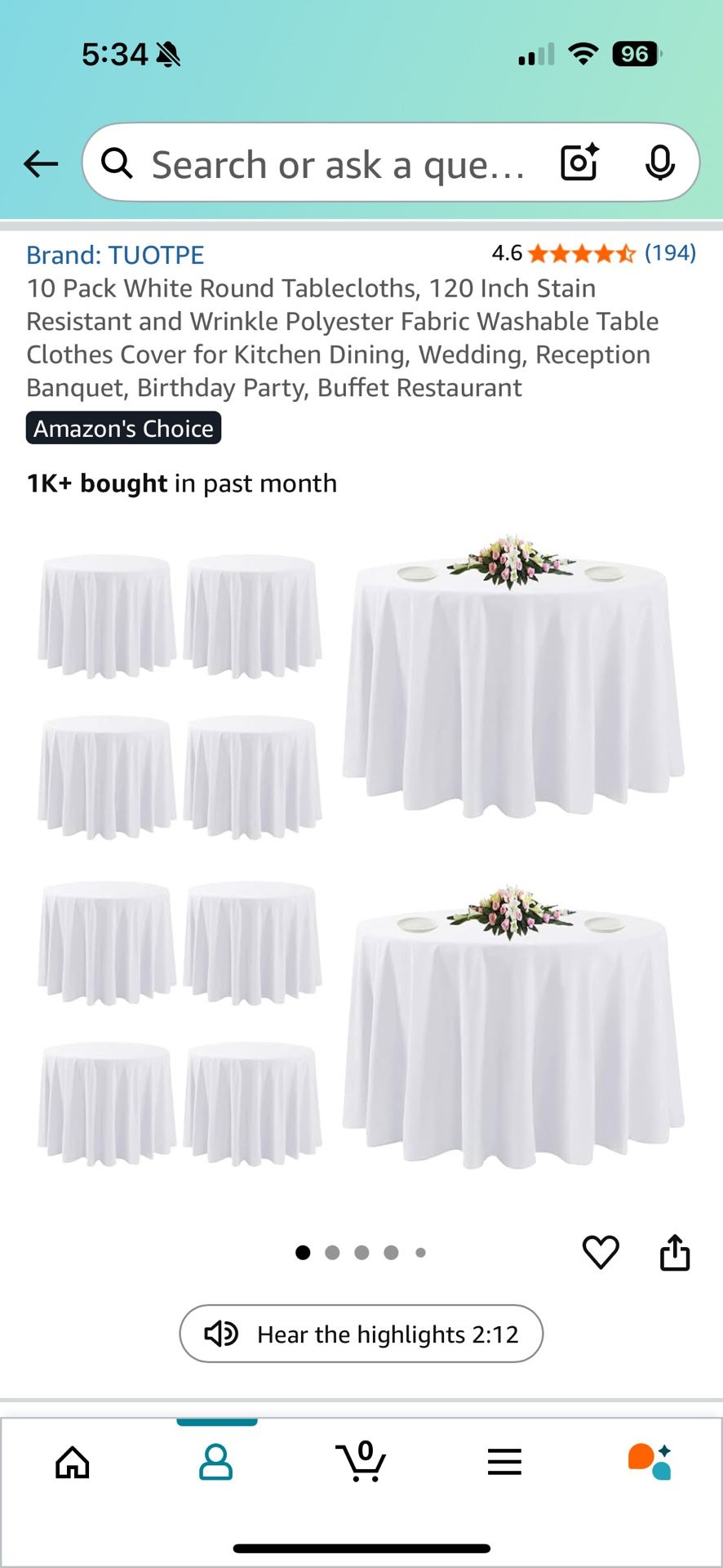 8 White Round Tablecloths 120” Diameter 