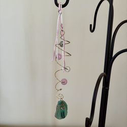 Handmade Wire Beaded Ornament with Polished Green Blue Stone and Metal Multiple Hook Display Stand 