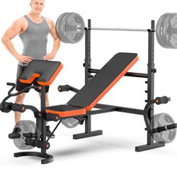 Fostoy Adjustable Weight Bench, Bench Press Rack with Squat Rack, Olympic Weight Benches for Home Gym, Workout Bench with Leg Developer and Preacher C