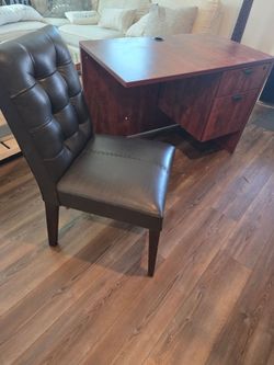 Cherry Wood Side Desk and Leather Chair Set
