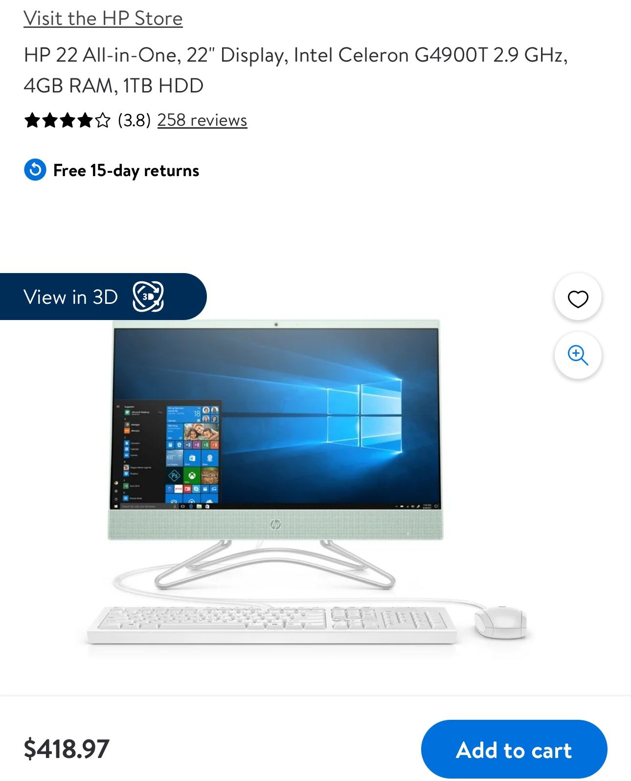 HP Touchscreen All In One 22” Display 4GB RAM