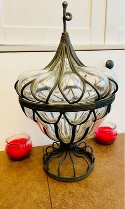 Decorative Glass and Wrought Iron Lidded Urn