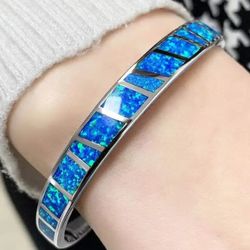 925 Sterling Silver Fire Blue Opal Adjustable Bracelet For Women  [BRA09]
