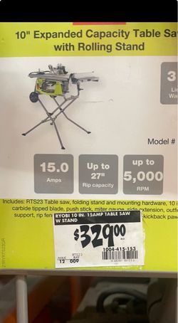 Ryobi 10" 15-Amp Table Saw with Rolling Stand