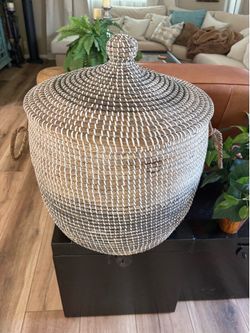 Large used storage basket with lid & handles