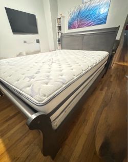 Gray Sleigh Bed Frame with Pillow Top Mattress
