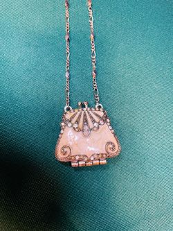 Vintage stunning enameled purse locket necklace with Rhinestones and faux pearls