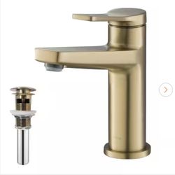 KRAUS Indy Single Handle Bathroom Faucet and Pop Up Drain with Overflow in Brushed Gold