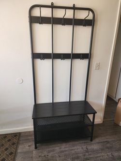 PINNIG coat rack with shoe storage bench