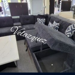 ✅️✅️4 pc black chenille fabric upholstered sectional sofa with USB pop up sleeper storage chaise✅️✅️