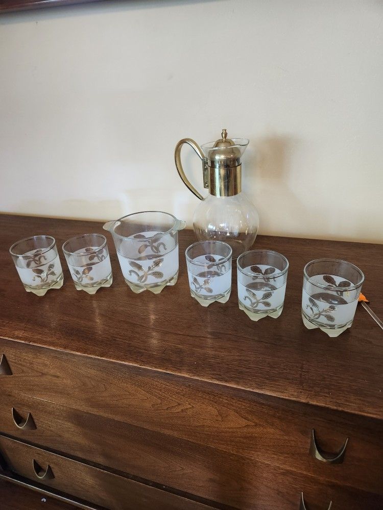 vintage Devalbor Italy GOLD WHEAT Blown-Glass Frosted whiskey glasses MCM with ice bucket