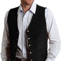 LARGE Men's Suede Leather Vest Vintage Cowboy Waistcoats Wedding Slim Fit Sleeveless Jacket