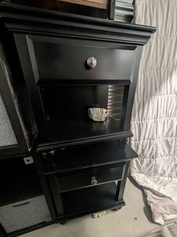 Black Wood Nightstand with Drawers and Shelves