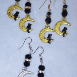 Black Cat On The Moon Halloween Earrings