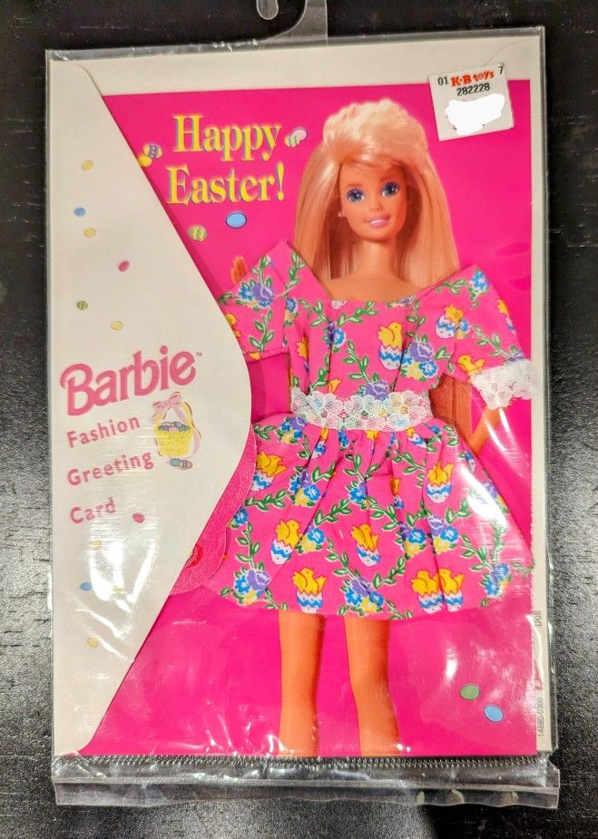 Barbie Fashion Greeting Card - Happy Easter! Pink Dress with Chicks Eggs Pattern1995 New Vintage Mattel