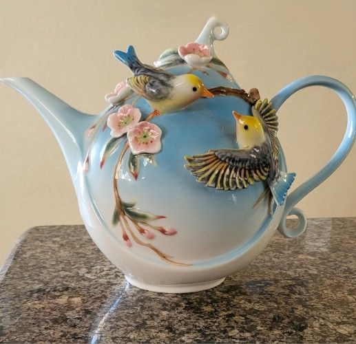 Beautiful Pier 1 Handpainted Porcelain Teapot, "Bird Sanctuary"