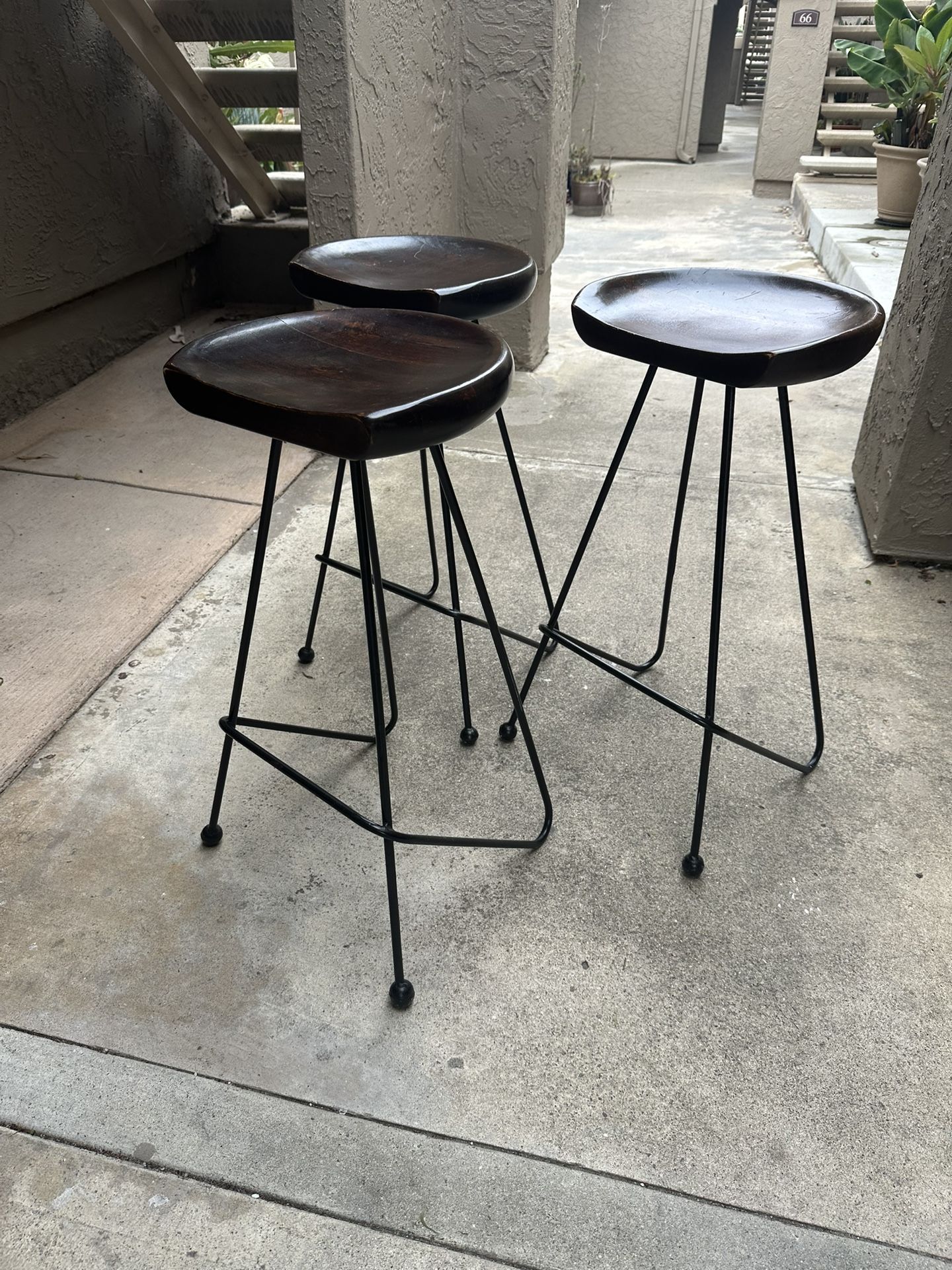 Mid Century Modern Walnut And Iron Bar Stools