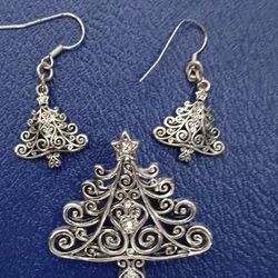Vintage Silver tone potted Christmas tree brooch and Earrings