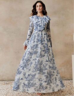 BLUE AND WHITE FLORAL LONF SLEEVE A LINE MAXI ANEWSTA DRESS SIZE XL