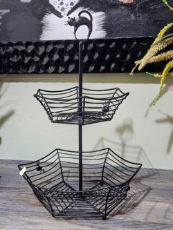 Black Two-Tier Halloween Spiderweb Wire Basket Stand