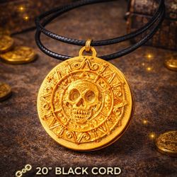 Pirate Skull Treasure Coin Pendant Necklace – Gold Medallion with Cord