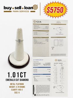 PLATINUM GIA CERTIFIED EMERALD CUT 1.01CT DIAMOND SOLITAIRE RING, SIZE 6